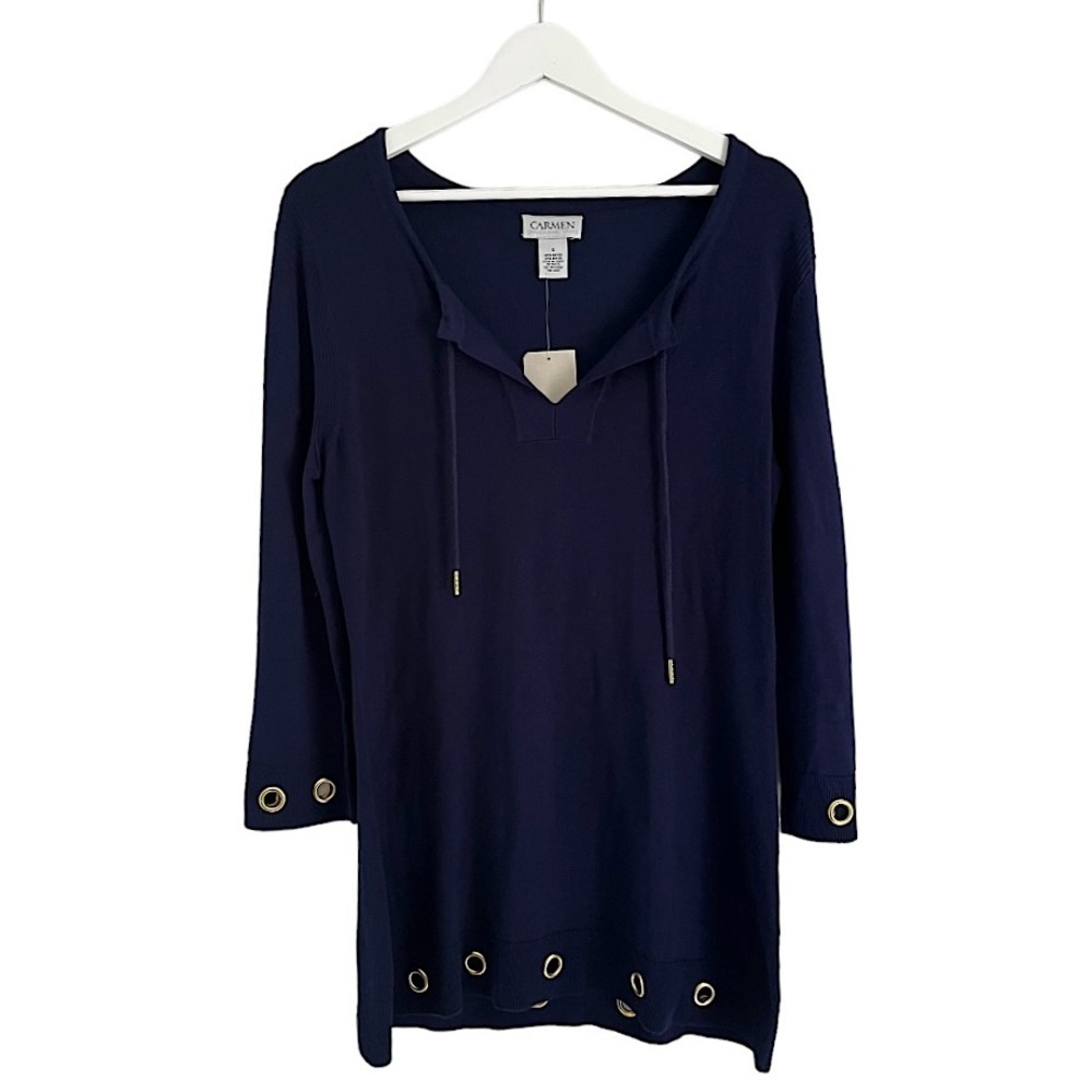 NWT Carmen Marc Valvo Women’s Split Neck 3/4 Sleeve Gold Rings‎ Top Blue Small